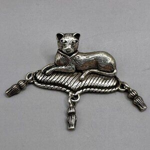 Jezlaine Lying Cat Pillow Brooch Movable Tassels Sterling Silver 925 Signed